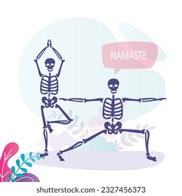 Human skeletons in yoga poses, meditating skeleton. Comic simplified skeleton doing yoga asana or positions. Halloween holidays element. flat vector illustration