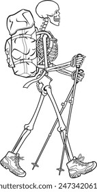 Human Skelton hiking wearing backpack and holding trekking poles