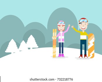 human with ski and snowboard cartoon flat design winter sport vector illustration