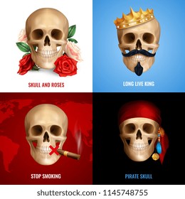 Human skull 2x2 design concept with set of realistic compositions using image of skull as danger mark or humor design vector illustration 