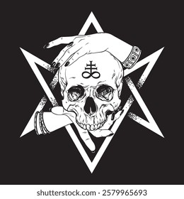 Human skull with alchemical symbol of sulphur in witch hands. Tattoo, poster or print design vector illustration