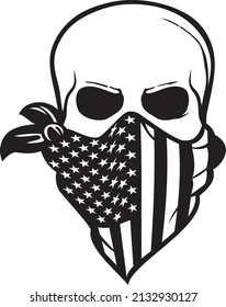 Human skull with American flag bandana black and white. Vector illustration.