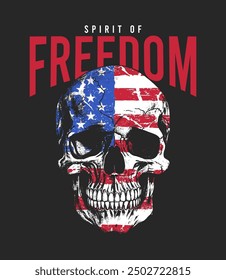 Human skull in American flag colors with slogan - spirit of freedom. T-shirt design with skull, USA flag and grunge. Tee shirt print, apparel design. Vector illustration.