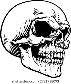 Un cráneo humano cabezal de esqueleto de parca enojado en un estilo de xilografía vintage.

