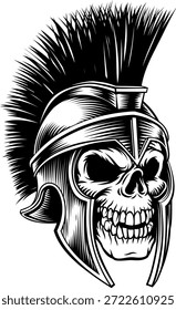 A human skull angry grim reaper skeleton head wearing ancient Greek spartan or trojan or Roman gladiator helmet in a vintage woodcut style.