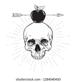 Human skull and apple pierced with arrow line art and dot work. Boho sticker, print or blackwork flash tattoo art design hand drawn vector illustration