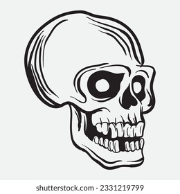 human skull art vector illustration, line art of skull of human, hand drawn skull, tatto skull