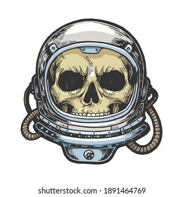 Human skull astronaut helmet sketch engraving color vector illustration  Scratch board style imitation  Hand drawn image 
