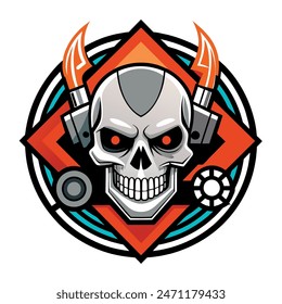 Human skull badge emblem for t-shirt design. Creative poster design. Digital artistic artwork raster bitmap illustration. Graphic design art.