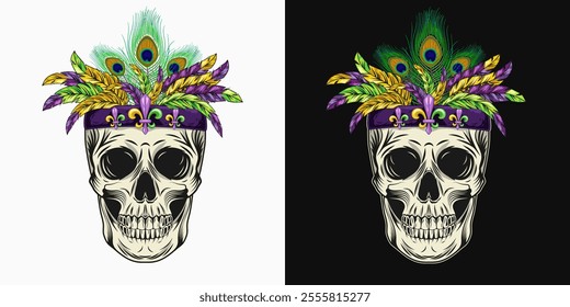 Human skull with band with bundle of colorful feathers on top. Detailed illustration in vintage style. Mardi Gras decoration. Front view.