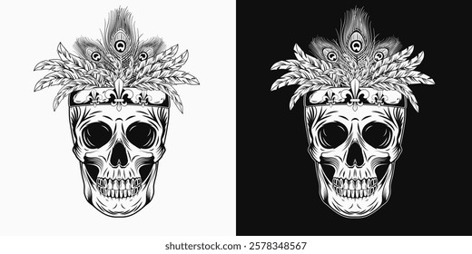 Human skull with band with bundle of feathers on top. Detailed monochrome illustration in vintage style. Mardi Gras decoration. Front view.