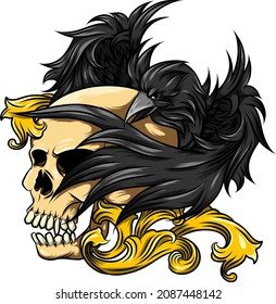 Human skull and baroque with crow for tattoo design of illustration