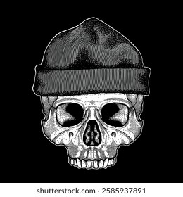 Human skull with beanie hand drawn artwork t-shirt design illustration