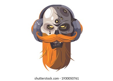 Human skull with beard listening to music on headphones. Vector illustration
