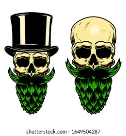 Human skull with the beard made from beer hop. Design element for poster, card, banner, flyer. Vector illustration