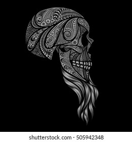 A human skull with a beard made of flowers on black background