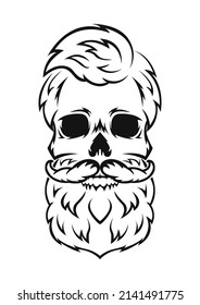 Calavera humana con barba y bigote. Silueta negra. Elemento de diseño. Esbozo dibujado a mano. Estilo vintage. Ilustración vectorial.