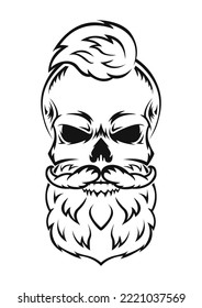 Calavera humana con barba y bigote. Silueta negra. Elemento de diseño. Esbozo dibujado a mano. Estilo vintage. Ilustración vectorial.