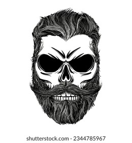Human skull with beard and mustache. Isolated on white background. Vector illustration