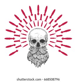 Human skull with beard and mustache in retro vintage style. Design template for tattoo, print, cover. Vector illustration.