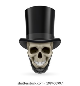Human skull with beard wearing a black top hat.