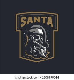 Human skull with a beard wearing a Santa Claus hat. Vintage vector logo.