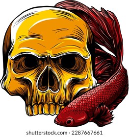 human skull with betta fish vector illustration on white background