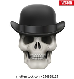 Human skull with black bowler hat. Vector Illustration on isolated white background