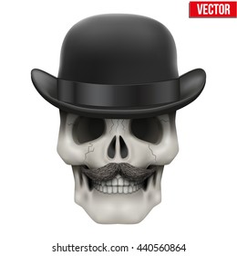 Human skull with black bowler hat. Vector Illustration on isolated white background