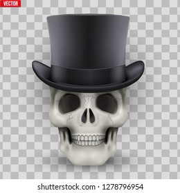 Human skull with black cylinder hat. Vector Illustration on isolated transparent background