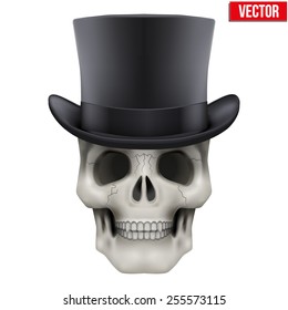 Human skull with black cylinder hat. Vector Illustration on isolated white background