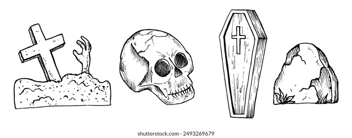 Cráneo humano con ojos negros. Vector brazos zombis sobresaliendo del suelo, lápida en un cementerio. Ataúd de madera lineal pintado a mano con una ilustración cruzada. Símbolo gráfico monocromo de la muerte, h