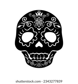Human skull black isolated on white background, with ornament, Halloween decor, logo, tattoo, vector