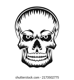 Human skull. Black silhouette. Design element. Hand drawn sketch. Vector illustration isolated on white background.