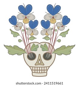 Human skull with blooming branches of wild pansy flower sprouting from its eye sockets. Memento mori. Creative funny design. Juxtaposition of life and death. Isolated vector illustration.