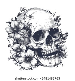  Human skull and blooming flowers sketch vintage engraved style with vintage stipple effect, y2k coquette collage design. Monochrome photocopy retro design  elements. For collage, Poster,  T-shirt. 