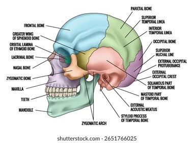 Human skull bones anatomy. Cranial colored parts structure. Outline sutures. Zygomatic, nasal, maxilla, temporal lacrimal mandible frontal parietal occipital. Brain protection. Vector illustration