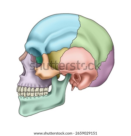 Human skull bones anatomy. Cranial colored parts structure. Outline sutures. Zygomatic, nasal, maxilla, temporal lacrimal mandible frontal parietal occipital. Brain protection. Vector illustration