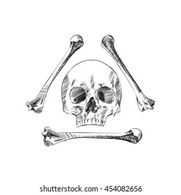 Human skull with bones illustration vector sketch hand drawing isolated on white background