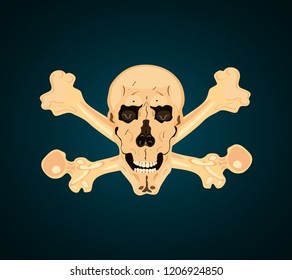 human skull and bones isolated. Creepy elements, scary, halloween decor. Hand drawn silhouette, vector illustration