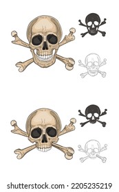 Human skull with bones isolated on white. Hand drawn skull illustration. Two options. Vector illustration