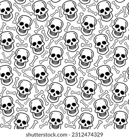 Human skull and bones seamless vector background, monochrome pattern, wallpaper, textile print, design element. 