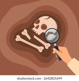 Human skull with bones, teeth. Archaeological find. Historical value. Image for books, articles, posters archeology