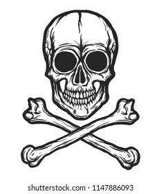 Human skull with bones vector silhouette isolated on white. Hand drawn black and white skull illustration. Tattoo or print design. Transparent background.