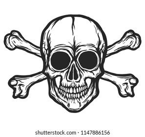 Human skull with bones vector silhouette isolated on white. Hand drawn black and white skull illustration. Tattoo or print design. Transparent background.