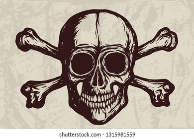 Human skull with bones vector silhouette on grunge background. Hand drawn illustration. Tattoo skull or print design.