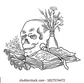 Human skull and a book with spells. Halloween witchcraft magic. Secret knowledge. Hand drawn sketch vector. Mystic and occult illustration.