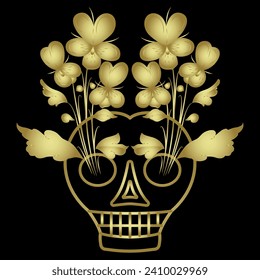 Human skull with bouquets of wild pansy flowers sprouting from its eye sockets. Dia de los muertos. Creative funny design. Black and gold silhouette.