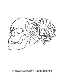 Human skull and brain one line set art. Continuous line drawing of internal organs.