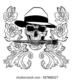 Human skull with brush on isolated white background